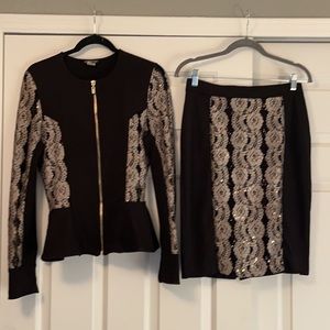 Venus Two Piece skirt suit, black and gold- size 8